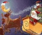 Рождественские санях запряженных северными оленями магических и загружены с подарками, Санта Клаус и эльф